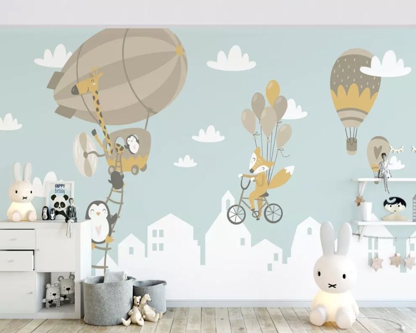 Big Air Balloon with Cute Animals Wallpaper Mural