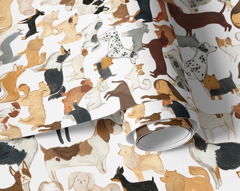 Zoomie kids wallpaper with painted dog breeds in tan, brown, black and grey on white