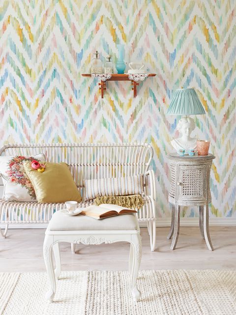 Papier peint panoramique design ikat chevron multicolore aquarelle