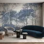 Blue forest background wallpaper mural with coastal trees, sea water and small white sailboats