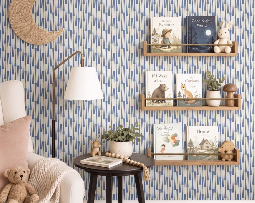 Cream colored wallpaper with denim blue geometric totem stripe repeat on a linen texture ground