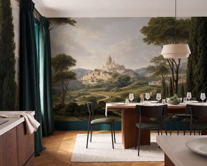Vintage oil painting wallpaper of cypress trees, villas and a domed cathedral in an Italian landscape