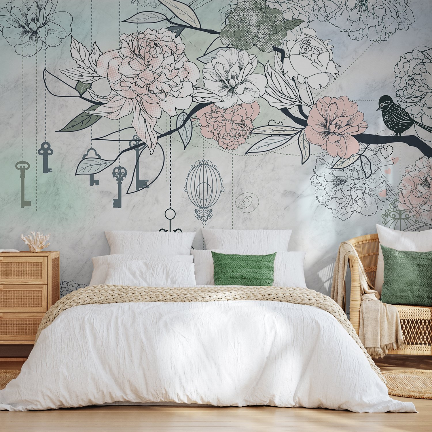 Hanging Keys on Floral Tree Wallpaper Mural - Peel and Stick