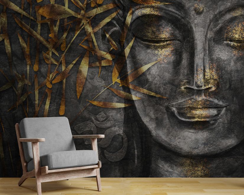 3D Look Concrete Buddha Face and Leaves Wallpaper Mural