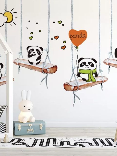 Papier peint panoramique pandas sur balançoires