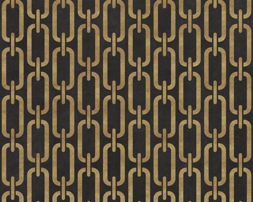 Black wallpaper with gold vertical chain link Art Deco repeat on a textured charcoal ground