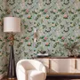 Chinoiserie wallpaper with peach birds, orchids and peonies on a pale duck egg blue ground