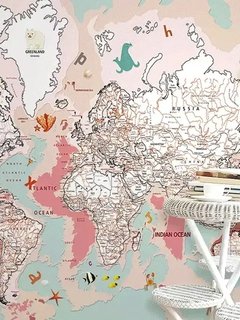 Pink Political World Map with Animals Wallpaper Mural