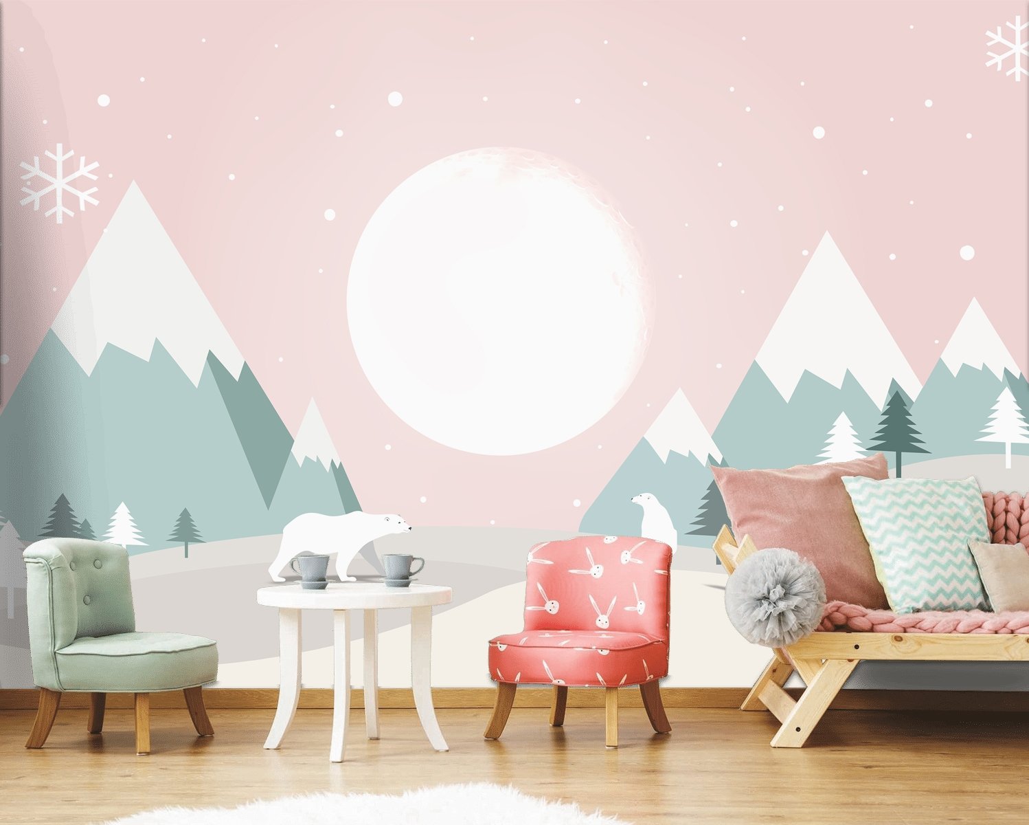 Kids Mountainscape with Cute Bears and Pink Skyscape Wallpaper Mural - Peel and Stick