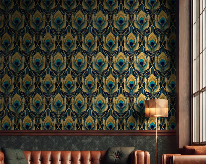 Art Deco feathers wallpaper with turquoise peacock eyes, gold plumes and navy teal ground
