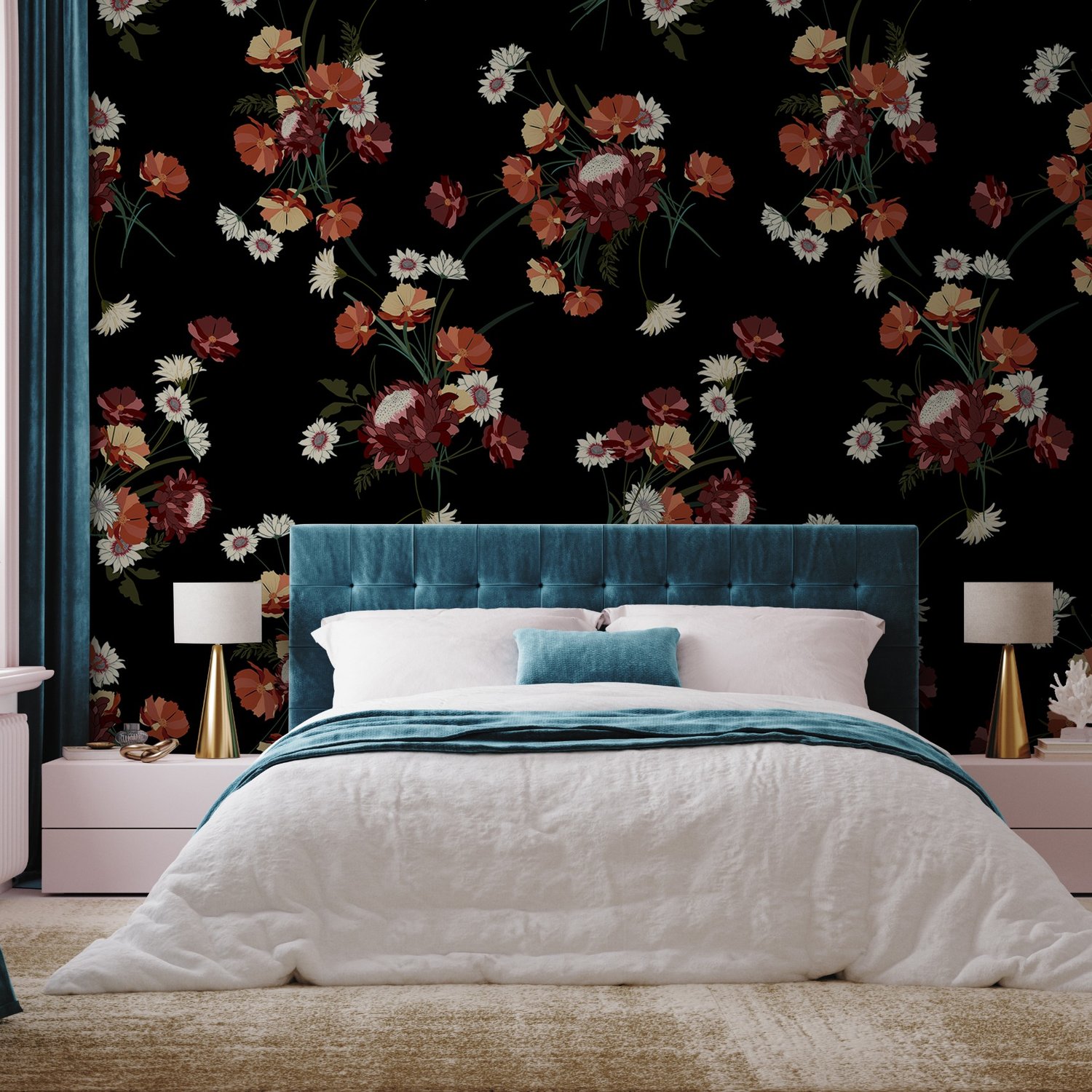 Chinese Red Floral Wallpaper Mural - Peel and Stick