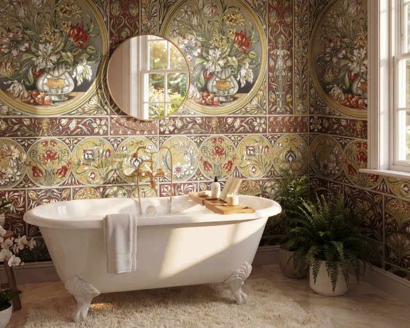 Antique style wallpaper mural with tulip vase medallion, floral tile panels and burgundy borders
