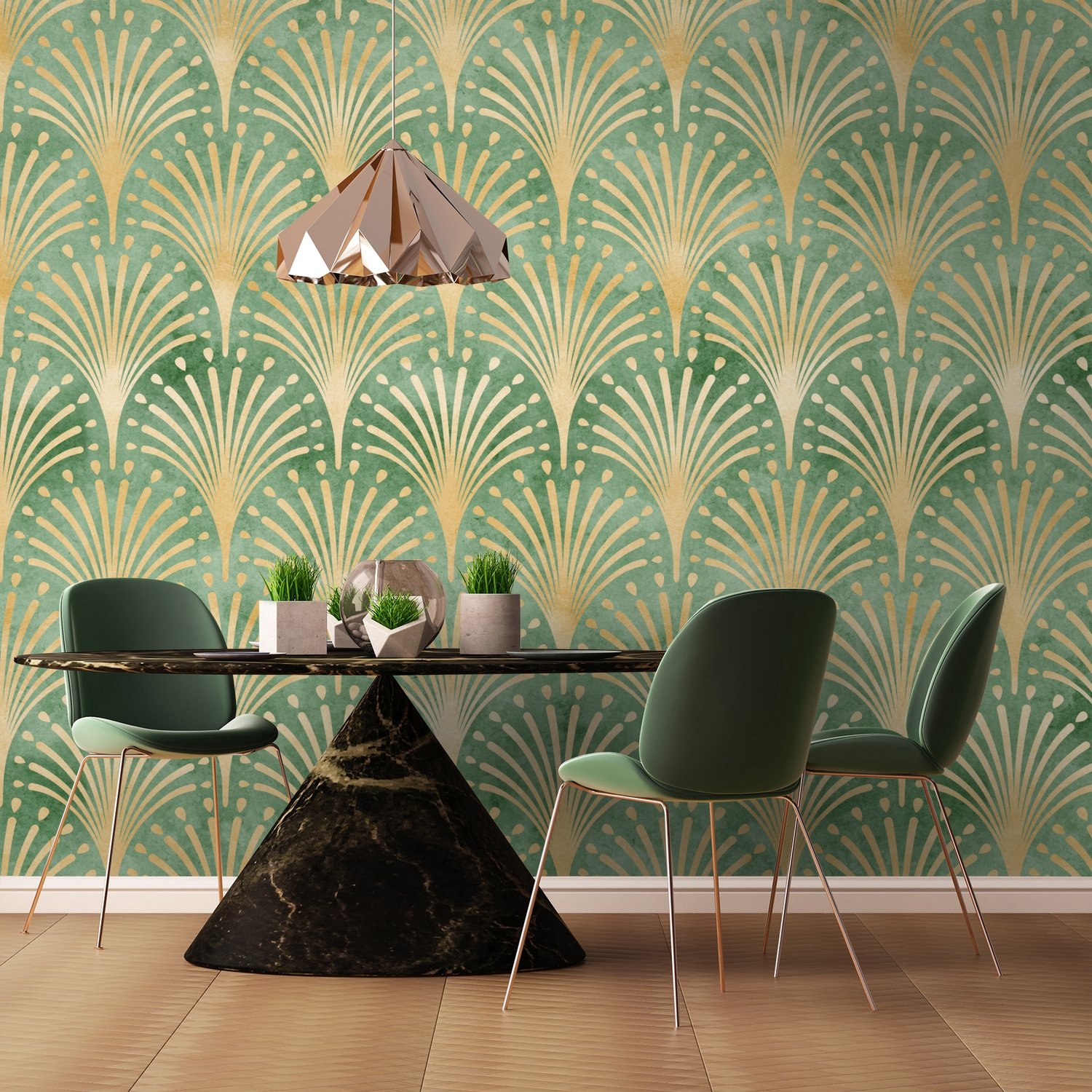 Modern Eau De Nil Art Deco Gold Lines Wallpaper Mural - Peel and Stick