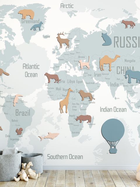 Papier peint carte monde politique bleue silhouettes animaux enfants