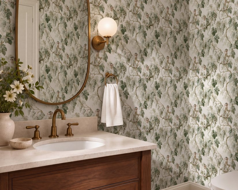 Vintage nature wallpaper with pale monkeys, sage grape leaves, white grape clusters and taupe vines on ivory.