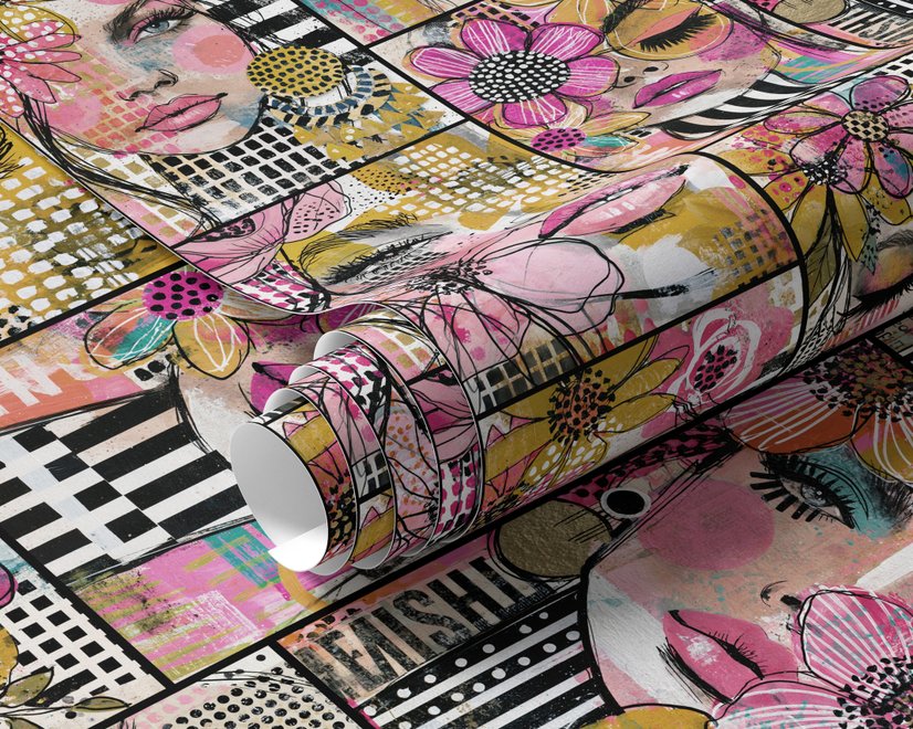Bold wallpaper for powder room with pop art female faces, pink flowers, black comic panels, mustard, teal and fuchsia details