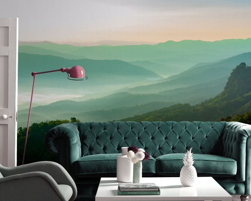 Misty Mountain Green Forest Scenic Wallpaper Mural