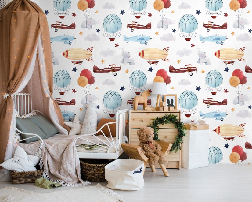 Kids Vintage Hot Air Balloon and Aircraft Pattern Wallpaper Mural