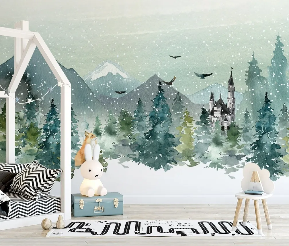 Watercolor Winter Landscape and Fox Wallpaper Mural - Peel and Stick