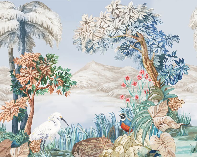 Art Painting Colorful Landscape with Heron Birds Wallpaper Mural