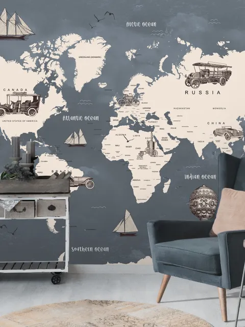 Kids Gray World Maps with Vintage Hot Air Balloon and Cars Wallpaper Mural