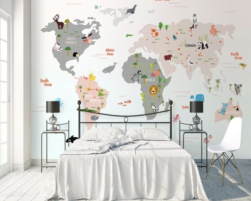 Colorful Kids World Map with Cartoon Animals Wallpaper Mural