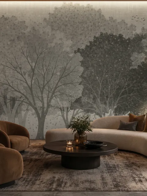 Light gray wallpaper mural with layered ink-wash woodland trees, falling leaves and birds