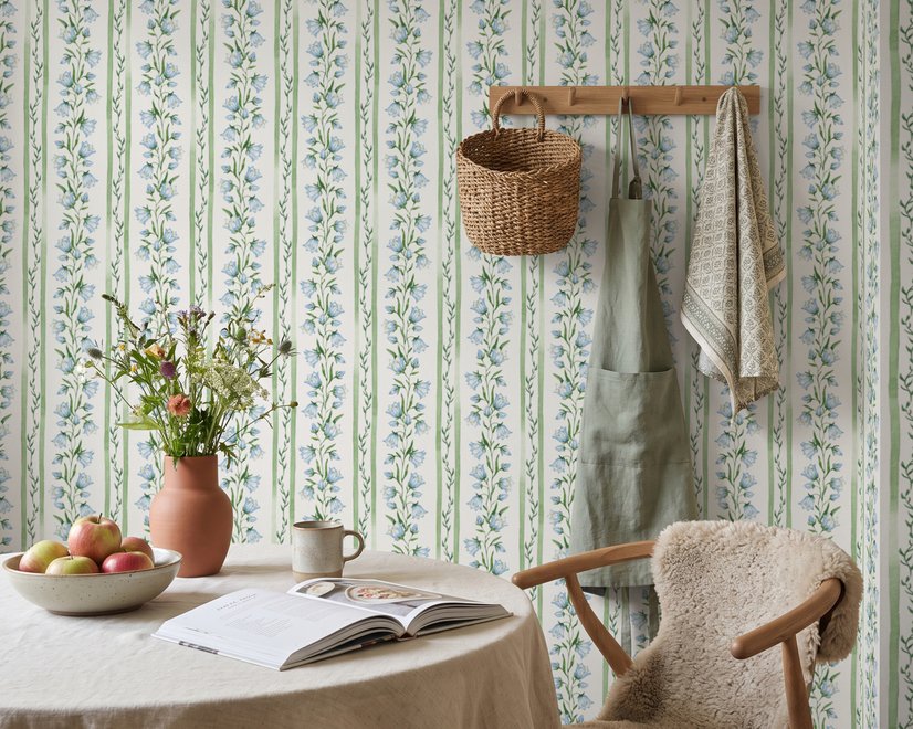 Blue floral stripe wallpaper with pale sky-blue bell flowers, green vines and sage bands on white