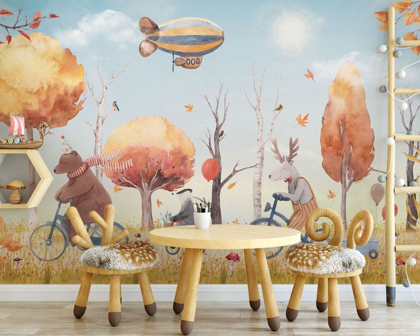 Kids Winter Animals with Zeppelin Wallpaper Mural