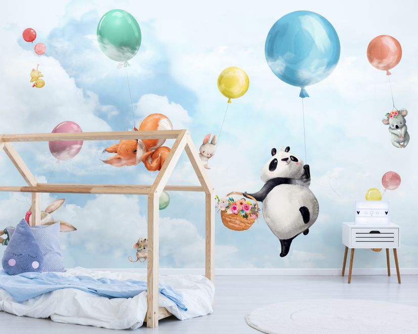 Cute Flying Panda & Animals Kids Nursery Wallpaper Mural