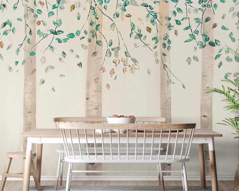 Watercolor Style Forest with Green Brown Little Leaves Wallpaper Mural