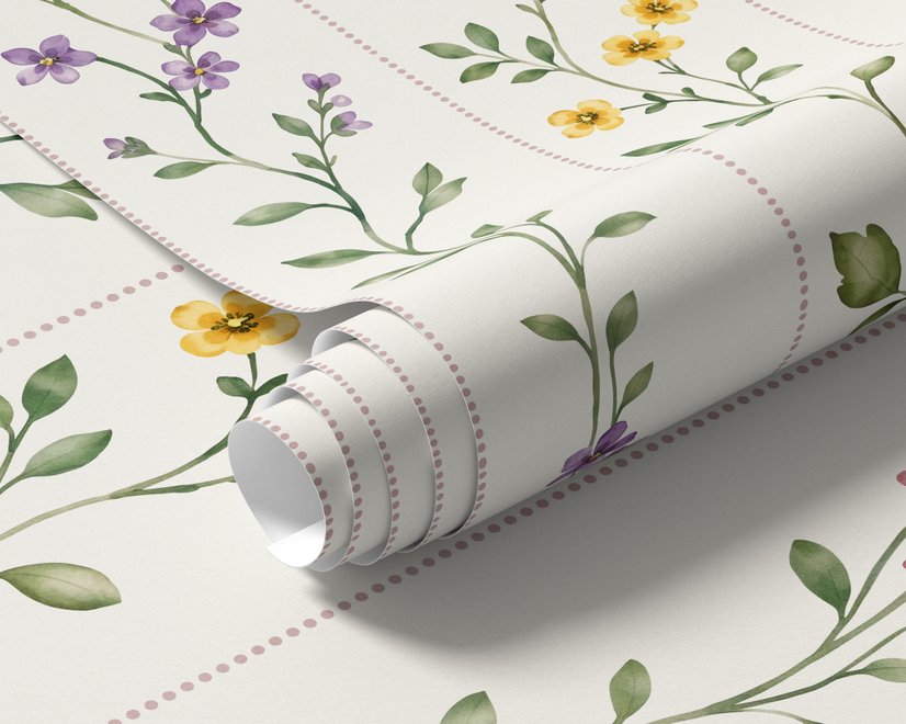 Cute floral wallpaper with green vine trails and pink, purple and yellow watercolor flowers on cream