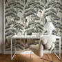 Vintage Japanese tree nature wallpaper with blue-grey canopies, willow foliage, birds and ivory-cream ground