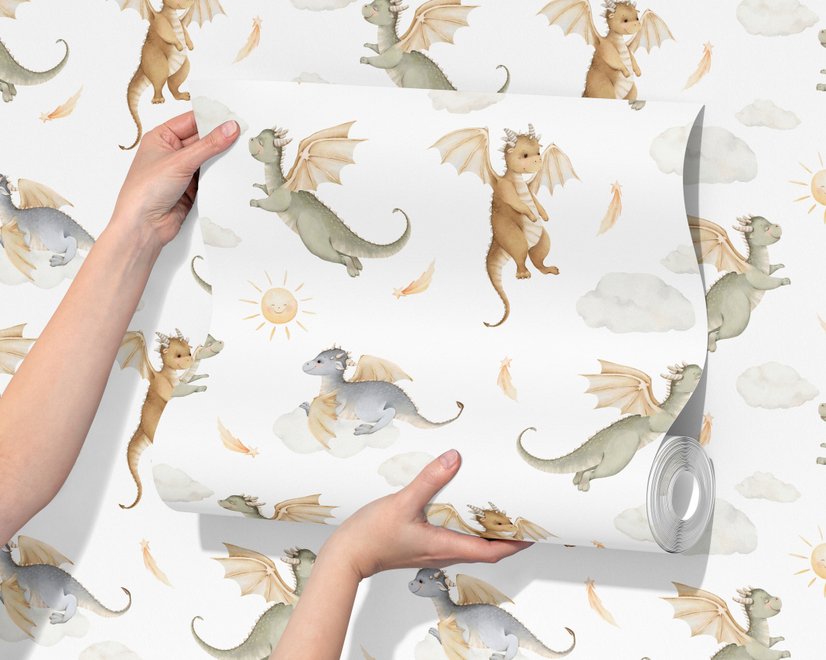 Kids wallpaper with sage, caramel and blue-gray watercolor dragons, clouds, sun and stars on white