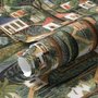 Architectural design wallpaper mural of forest treehouses, rivers, boats and small figures in green watercolour