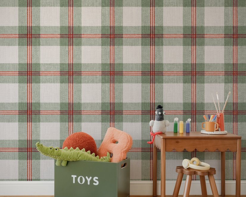 Sage green and cream-white tartan plaid wallpaper with deep red stripes and woven thread texture