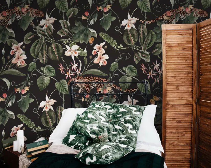 Watercolor Dark Tropical Art with Leopard Wallpaper Mural