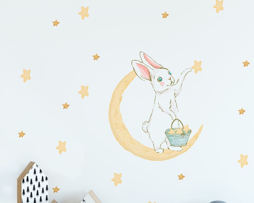 Nursery Cute Rabbit on the Crescent Moon and Yellow Stars Wall Decal Sticker