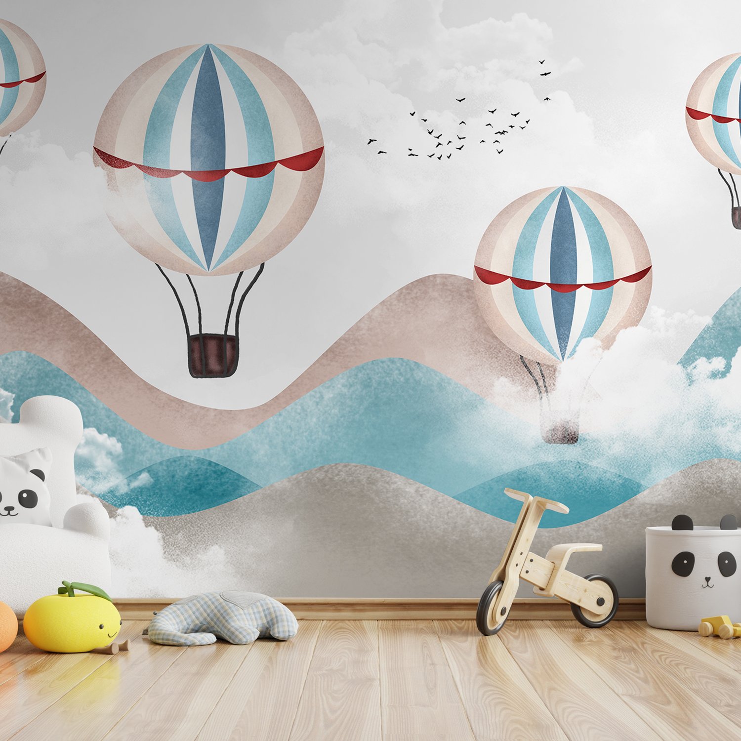 Kids Blue Brown Mountainscape with Hot Air Balloon Wallpaper Mural - Peel and Stick