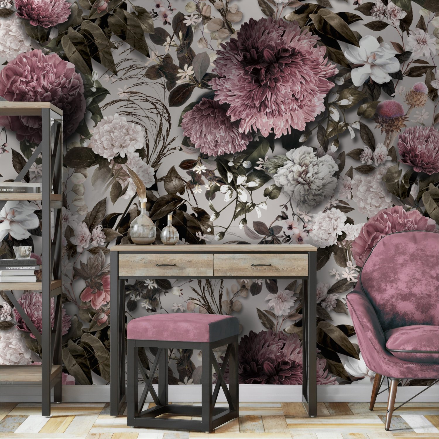 Vintage Floral with Pink Chrysanthemum Wallpaper Mural - Peel and Stick