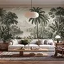 Sepia tropical landscape wallpaper with palms, banana plants, lagoon, bridge and mountains
