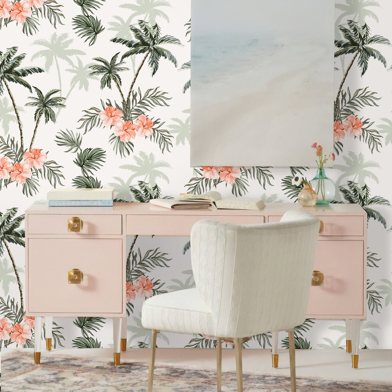 Tropical Palm Tree with Mirabilis Floral Pattern Wallpaper Mural - Peel and Stick