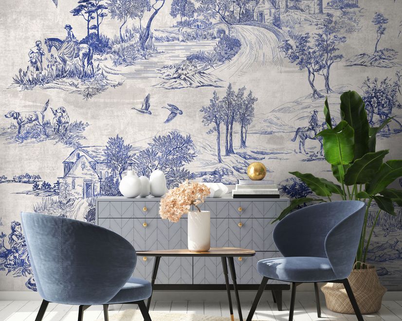 Vintage Monochrome Jouy Style Landscape Wallpaper Mural