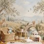 Watercolour woodland wall mural with fawn, rabbits, stone bridge, stream and distant cypress countryside