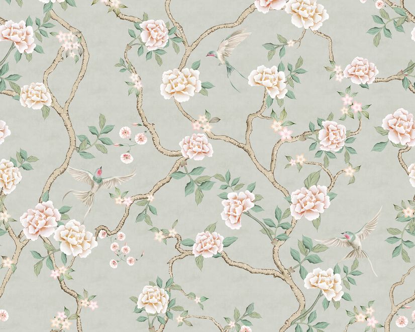 Soft Chinoiserie Peony Tree Blossom Art Wallpaper Mural