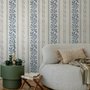 Blue wallpaper with indigo botanical stripework, pinstripes and dotted borders on warm cream parchment