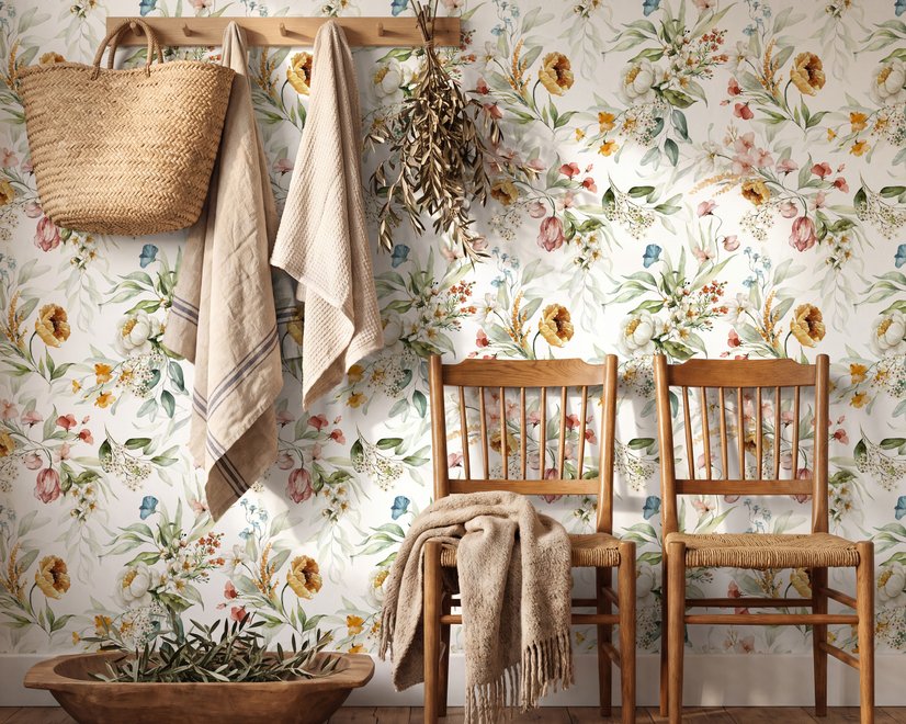 Watercolour floral wallpaper with sage leaves, blush and ochre flowers on a white ground