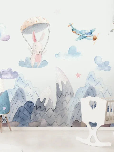 Aquarell-Stil Kinderlandschaft mit süßem Hasen Fototapete