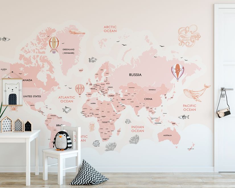 Kids Girls Cartoon Pink World Map Wallpaper Mural
