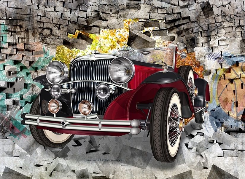 Vintage Car with Graffiti Brick Wallpaper Mural